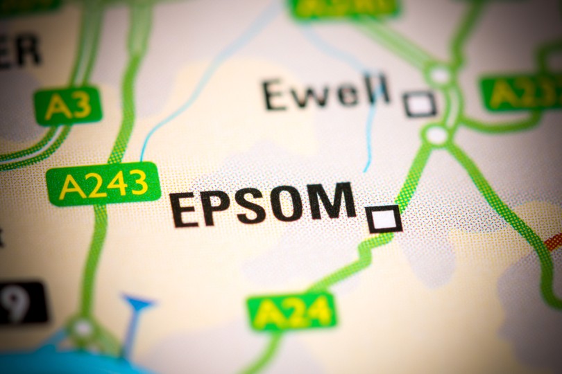 Epsom on Road Map Close Up